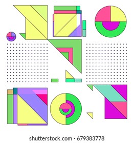 Trendy geometrical vector illustration with elements and abstract colorful textures. Design for summer holiday poster, card, brochure, and promotion template. Fashion art print and background.