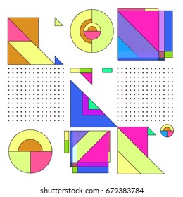 Trendy geometrical vector illustration with elements and abstract colorful textures. Design for summer holiday poster, card, brochure, and promotion template. Fashion art print and background.