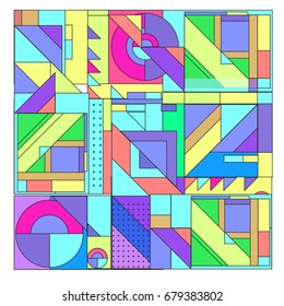 Trendy geometrical vector illustration with elements and abstract colorful textures. Design for summer holiday poster, card, brochure, and promotion template. Fashion art print and background.