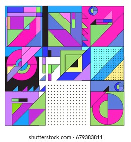 Trendy geometrical vector illustration with elements and abstract colorful textures. Design for summer holiday poster, card, brochure, and promotion template. Fashion art print and background.