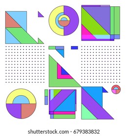 Trendy geometrical vector illustration with elements and abstract colorful textures. Design for summer holiday poster, card, brochure, and promotion template. Fashion art print and background.