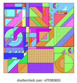 Trendy geometrical vector illustration with elements and abstract colorful textures. Design for summer holiday poster, card, brochure, and promotion template. Fashion art print and background.