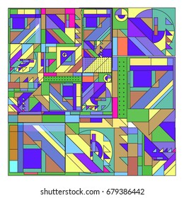 Trendy geometrical vector illustration with elements and abstract colorful textures. Design for summer holiday poster, card, brochure, and promotion template. Fashion art print and background.
