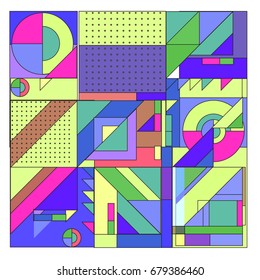 Trendy geometrical vector illustration with elements and abstract colorful textures. Design for summer holiday poster, card, brochure, and promotion template. Fashion art print and background.