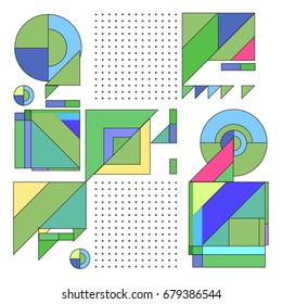 Trendy geometrical vector illustration with elements and abstract colorful textures. Design for summer holiday poster, card, brochure, and promotion template. Fashion art print and background.