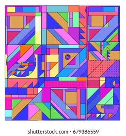 Trendy geometrical vector illustration with elements and abstract colorful textures. Design for summer holiday poster, card, brochure, and promotion template. Fashion art print and background.