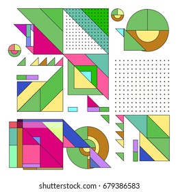 Trendy geometrical vector illustration with elements and abstract colorful textures. Design for summer holiday poster, card, brochure, and promotion template. Fashion art print and background.