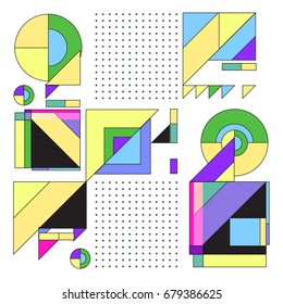 Trendy geometrical vector illustration with elements and abstract colorful textures. Design for summer holiday poster, card, brochure, and promotion template. Fashion art print and background.