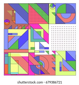 Trendy geometrical vector illustration with elements and abstract colorful textures. Design for summer holiday poster, card, brochure, and promotion template. Fashion art print and background.