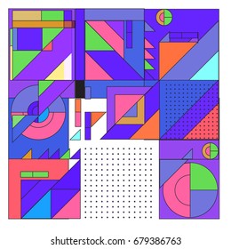 Trendy geometrical vector illustration with elements and abstract colorful textures. Design for summer holiday poster, card, brochure, and promotion template. Fashion art print and background.