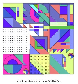 Trendy geometrical vector illustration with elements and abstract colorful textures. Design for summer holiday poster, card, brochure, and promotion template. Fashion art print and background.