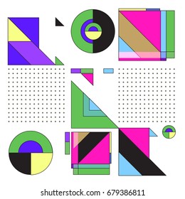 Trendy geometrical vector illustration with elements and abstract colorful textures. Design for summer holiday poster, card, brochure, and promotion template. Fashion art print and background.