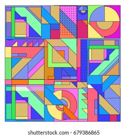 Trendy geometrical vector illustration with elements and abstract colorful textures. Design for summer holiday poster, card, brochure, and promotion template. Fashion art print and background.