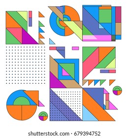 Trendy geometrical vector illustration with elements and abstract colorful textures. Design for summer holiday poster, card, brochure, and promotion template. Fashion art print and background.