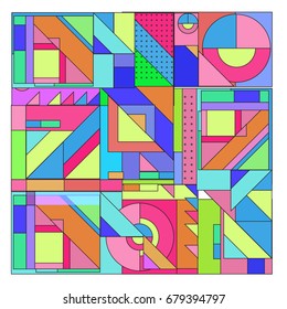 Trendy geometrical vector illustration with elements and abstract colorful textures. Design for summer holiday poster, card, brochure, and promotion template. Fashion art print and background.