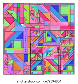 Trendy geometrical vector illustration with elements and abstract colorful textures. Design for summer holiday poster, card, brochure, and promotion template. Fashion art print and background.