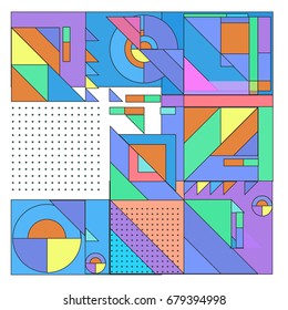 Trendy geometrical vector illustration with elements and abstract colorful textures. Design for summer holiday poster, card, brochure, and promotion template. Fashion art print and background.