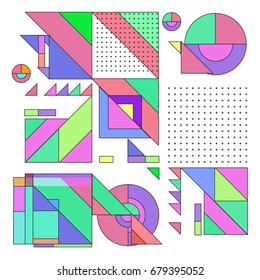 Trendy geometrical vector illustration with elements and abstract colorful textures. Design for summer holiday poster, card, brochure, and promotion template. Fashion art print and background.