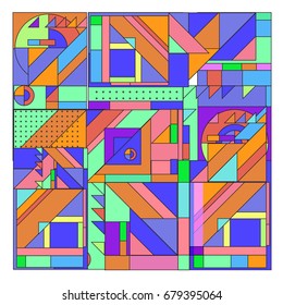 Trendy geometrical vector illustration with elements and abstract colorful textures. Design for summer holiday poster, card, brochure, and promotion template. Fashion art print and background.