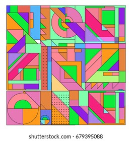 Trendy geometrical vector illustration with elements and abstract colorful textures. Design for summer holiday poster, card, brochure, and promotion template. Fashion art print and background.