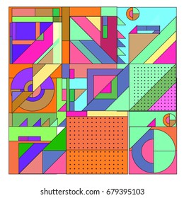 Trendy geometrical vector illustration with elements and abstract colorful textures. Design for summer holiday poster, card, brochure, and promotion template. Fashion art print and background.