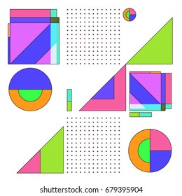 Trendy geometrical vector illustration with elements and abstract colorful textures. Design for summer holiday poster, card, brochure, and promotion template. Fashion art print and background.