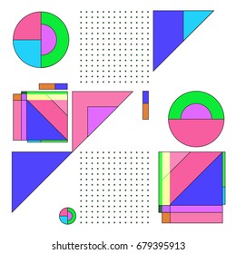 Trendy geometrical vector illustration with elements and abstract colorful textures. Design for summer holiday poster, card, brochure, and promotion template. Fashion art print and background.