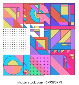 Trendy geometrical vector illustration with elements and abstract colorful textures. Design for summer holiday poster, card, brochure, and promotion template. Fashion art print and background.
