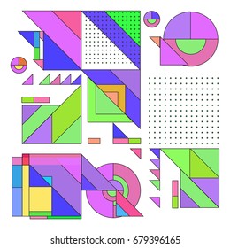 Trendy geometrical vector illustration with elements and abstract colorful textures. Design for summer holiday poster, card, brochure, and promotion template. Fashion art print and background.