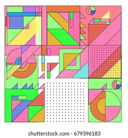 Trendy geometrical vector illustration with elements and abstract colorful textures. Design for summer holiday poster, card, brochure, and promotion template. Fashion art print and background.