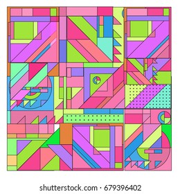 Trendy geometrical vector illustration with elements and abstract colorful textures. Design for summer holiday poster, card, brochure, and promotion template. Fashion art print and background.