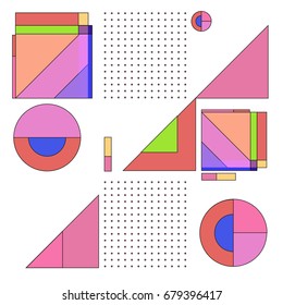 Trendy geometrical vector illustration with elements and abstract colorful textures. Design for summer holiday poster, card, brochure, and promotion template. Fashion art print and background.