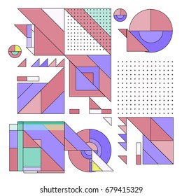 Trendy geometrical vector illustration with elements and abstract colorful textures. Design for summer holiday poster, card, brochure, and promotion template. Fashion art print and background.