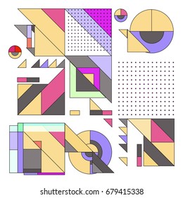 Trendy geometrical vector illustration with elements and abstract colorful textures. Design for summer holiday poster, card, brochure, and promotion template. Fashion art print and background.