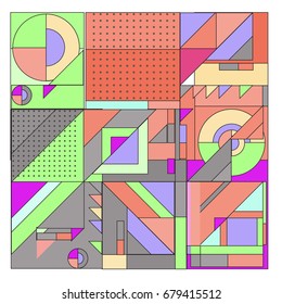 Trendy geometrical vector illustration with elements and abstract colorful textures. Design for summer holiday poster, card, brochure, and promotion template. Fashion art print and background.