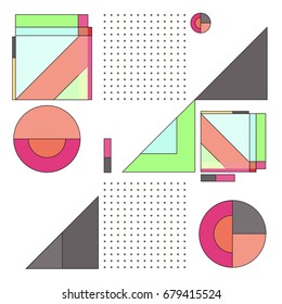 Trendy geometrical vector illustration with elements and abstract colorful textures. Design for summer holiday poster, card, brochure, and promotion template. Fashion art print and background.