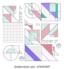 Trendy geometrical vector illustration with elements and abstract colorful textures. Design for summer holiday poster, card, brochure, and promotion template. Fashion art print and background.