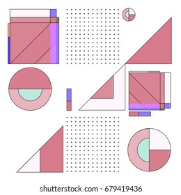 Trendy geometrical vector illustration with elements and abstract colorful textures. Design for summer holiday poster, card, brochure, and promotion template. Fashion art print and background.