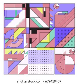 Trendy geometrical vector illustration with elements and abstract colorful textures. Design for summer holiday poster, card, brochure, and promotion template. Fashion art print and background.
