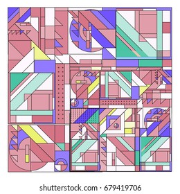 Trendy geometrical vector illustration with elements and abstract colorful textures. Design for summer holiday poster, card, brochure, and promotion template. Fashion art print and background.