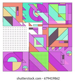 Trendy geometrical vector illustration with elements and abstract colorful textures. Design for summer holiday poster, card, brochure, and promotion template. Fashion art print and background.