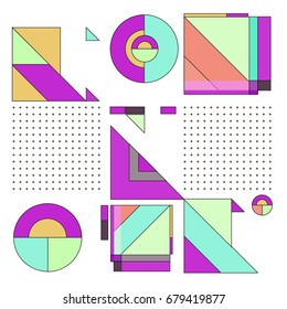 Trendy geometrical vector illustration with elements and abstract colorful textures. Design for summer holiday poster, card, brochure, and promotion template. Fashion art print and background.