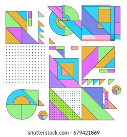 Trendy geometrical vector illustration with elements and abstract colorful textures. Design for summer holiday poster, card, brochure, and promotion template. Fashion art print and background.