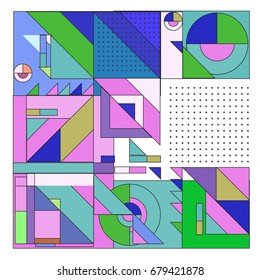 Trendy geometrical vector illustration with elements and abstract colorful textures. Design for summer holiday poster, card, brochure, and promotion template. Fashion art print and background.