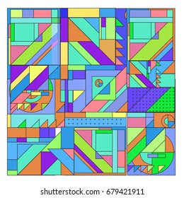 Trendy geometrical vector illustration with elements and abstract colorful textures. Design for summer holiday poster, card, brochure, and promotion template. Fashion art print and background.