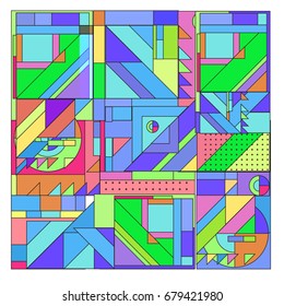 Trendy geometrical vector illustration with elements and abstract colorful textures. Design for summer holiday poster, card, brochure, and promotion template. Fashion art print and background.