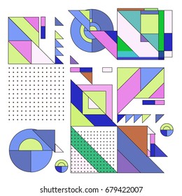 Trendy geometrical vector illustration with elements and abstract colorful textures. Design for summer holiday poster, card, brochure, and promotion template. Fashion art print and background.