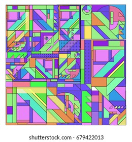 Trendy geometrical vector illustration with elements and abstract colorful textures. Design for summer holiday poster, card, brochure, and promotion template. Fashion art print and background.