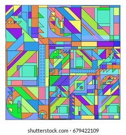 Trendy geometrical vector illustration with elements and abstract colorful textures. Design for summer holiday poster, card, brochure, and promotion template. Fashion art print and background.