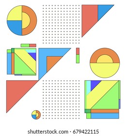 Trendy geometrical vector illustration with elements and abstract colorful textures. Design for summer holiday poster, card, brochure, and promotion template. Fashion art print and background.